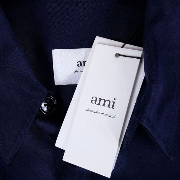 AMI ALEXANDRE MATTIUSSI Shirt Mens XL Navy Satin Button Up Oversized Wool - Picture 5 of 10